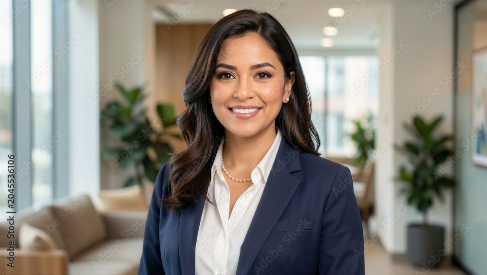 Obraz premium Business woman smiling and posing in modern office