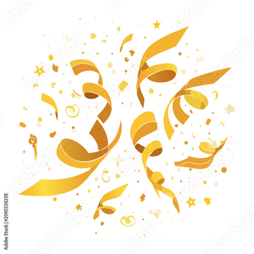 Golden confetti and streamers burst on white background