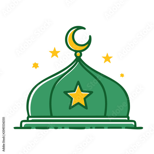 Green Mosque Dome with Crescent Moon and Stars Icon