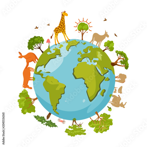 Illustration of Earth with diverse animals and trees