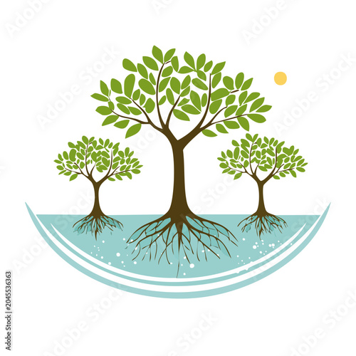 Illustration of three trees with visible roots in water under the sun