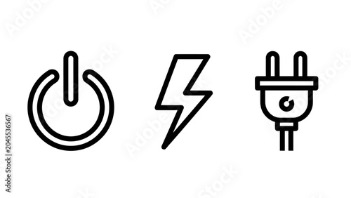 Set of electrical power icons including power button lightning bolt power plug with electrical electricity lightning connection electronic technology minimalist electric components hardware