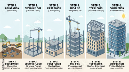 Six step building construction process infographic showing foundation excavation structural framework steel erection floor slab casting mid rise development roofing faade and finished architecture