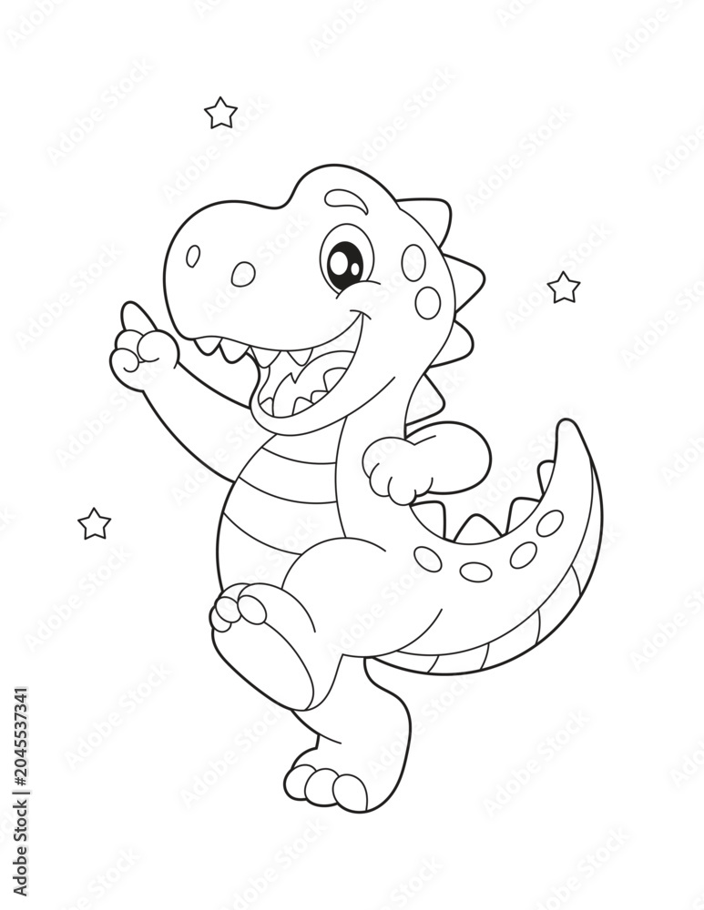 Obraz premium Happy Cartoon Dinosaur Character Coloring Page for Kids. Printable Simple Line Art Illustration for Preschool and Kindergarten Activities