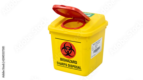 Yellow plastic biohazard sharps disposal container with a bright red open lid used for the safe collection of medical needles and clinical waste in a hospital or clinic setting environment