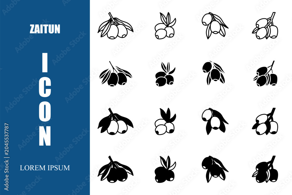 Obraz premium Vector icon. Collection of black zaitun Icons set on white background vector illustration. Vector stock.