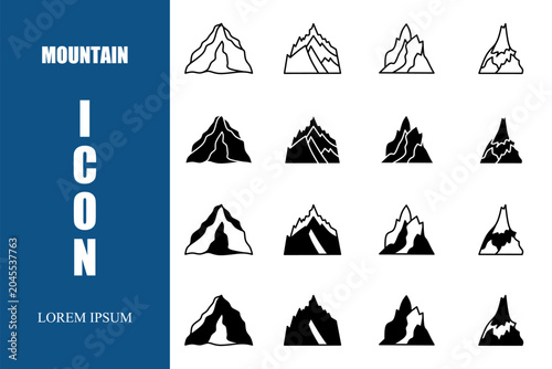 Vector icon. Collection of black mountain Icons set on white background vector illustration. Vector stock.