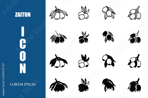 Vector icon. Collection of black zaitun Icons set on white background vector illustration. Vector stock.