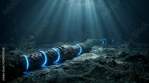 Underwater fiber optic cable glowing blue on ocean floor with sunbeams penetrating the deep sea