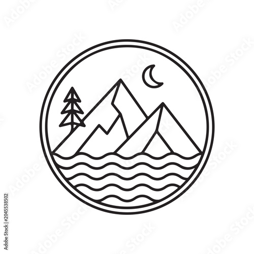 Black line art mountain landscape with tree moon and water