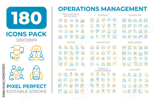 Operations management two color line icons set collection. Administration of business practices. Planning bicolor outline mega pack isolated, pixel perfect. Duotone thin lineart. Editable stroke