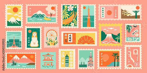 Tableau sur toile Collection Of Vintage Travel Stamps Vector Illustration On Pink Background