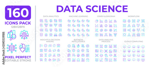 Schilderij op canvas Data science two color line icons set collection