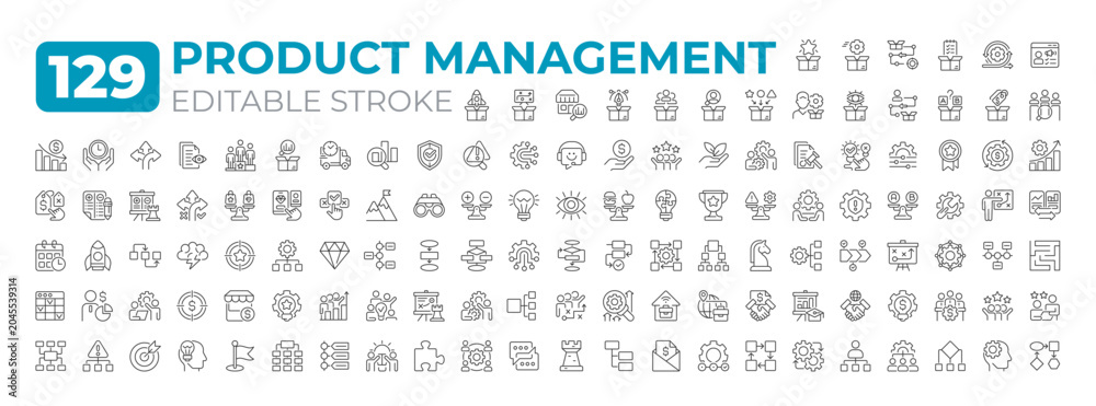 Fototapeta premium Product management line icons big set. Strategic business practice. Process from development to launch iconset outline pictograms. Isolated linear vector illustrations. Editable stroke