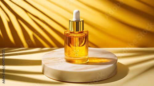 Amber glass dropper bottle serum oil marble platform gold skincare cosmetic luxury shadow tropical warm product display with palm leaf light
