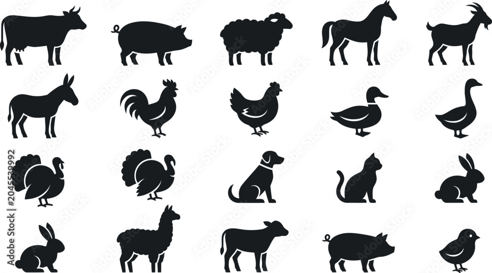 Fototapeta premium Farm Animal Silhouettes: Cow, Pig, Sheep, Horse, Goat, Donkey, Rooster, Chicken, Duck, Goose