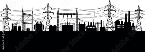 Electrical power substation and industrial energy infrastructure silhouette with high voltage transmission network