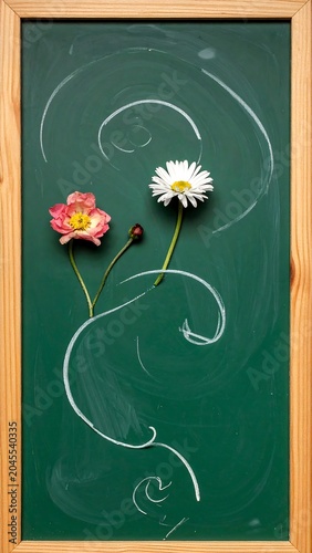 A vibrant composition featuring two delicate flowers?a pink poppy and a daisy?gracefully set against a green chalk-board