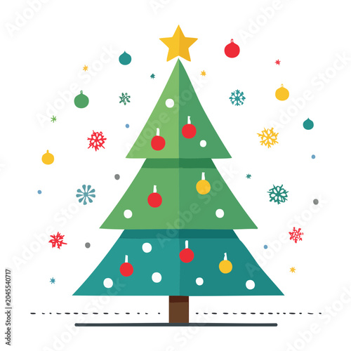 Flat design Christmas tree with ornaments and snowflakes