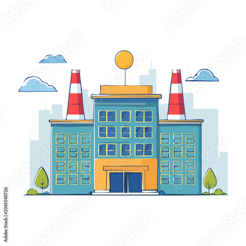 Flat design factory building with chimneys and clouds