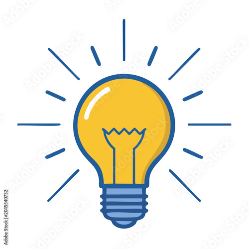 Flat design icon of a glowing light bulb with blue rays