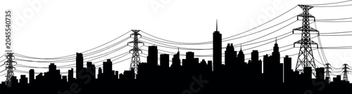 Urban skyline silhouette with high voltage transmission towers and electrical power grid infrastructure vector illustration