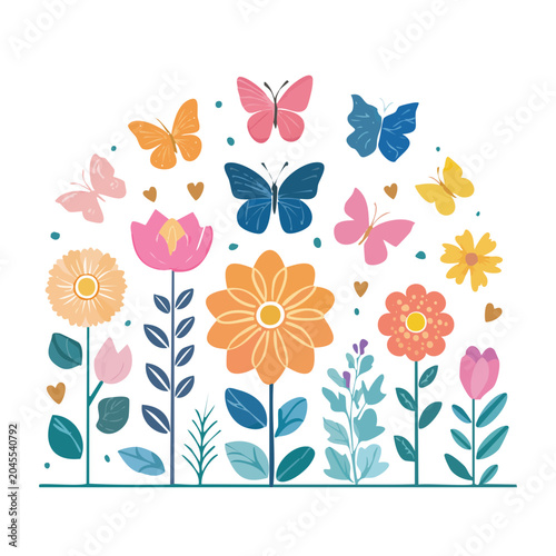 Flat design illustration of butterflies and flowers in arch