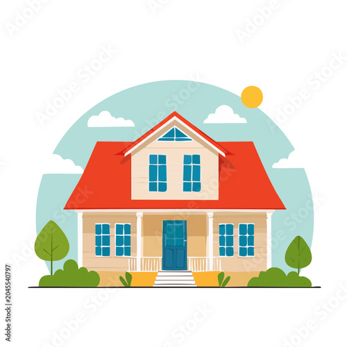Flat design illustration of a suburban house with red roof