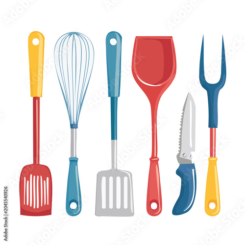 Set of colorful kitchen utensils in flat design style