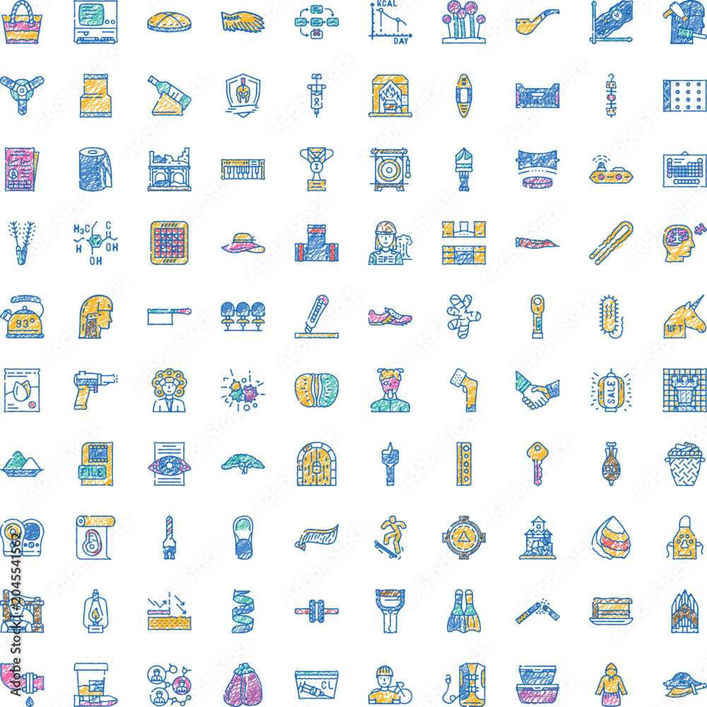 Fototapeta premium Comprehensive collection of hand drawn stylized line icons in a doodle style, featuring a wide range of subjects from daily life objects to abstract concepts, isolated on a white background
