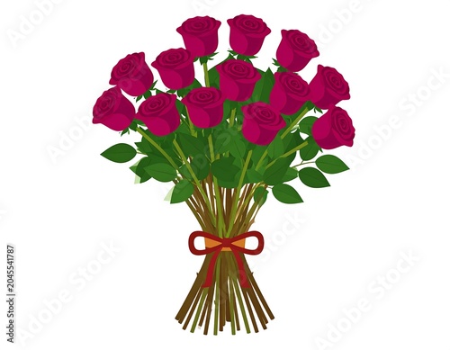 A vibrant bouquet of crimson roses is tightly bound with a red ribbon, green stems and leaves. White background
