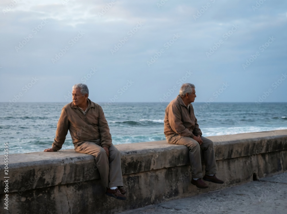 Fototapeta premium Two identical senior men sitting on sea wall looking opposite directions, inner conflict and reflection concept