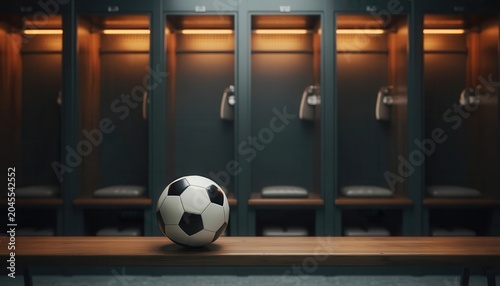 Soccer ball on a wooden bench in a professional locker room