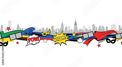 Dynamic vector banner illustration capturing the essence of comic book adventures with a vibrant cityscape background, superhero elements, and iconic action exclamations, perfect for themed designs
