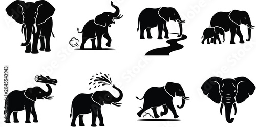 Tableau sur toile A set of eight black elephant silhouettes in various poses and sizes on white background, showcasing different elephant behaviors and characteristics in a vector graphic illustration