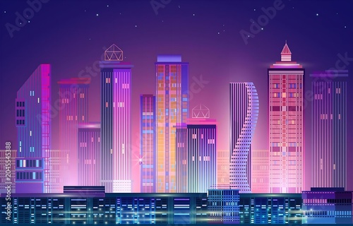 Night city panorama with moon and neon glow on blue background. Futuristic cityscape with glowing neon purple and blue lights. City skyline. Vector illustration with megapolis, skyscrapers, buildings.