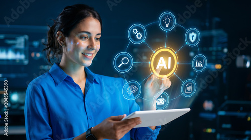 Woman using tablet with AI icons, futuristic technology concept, artificial intelligence, innovation