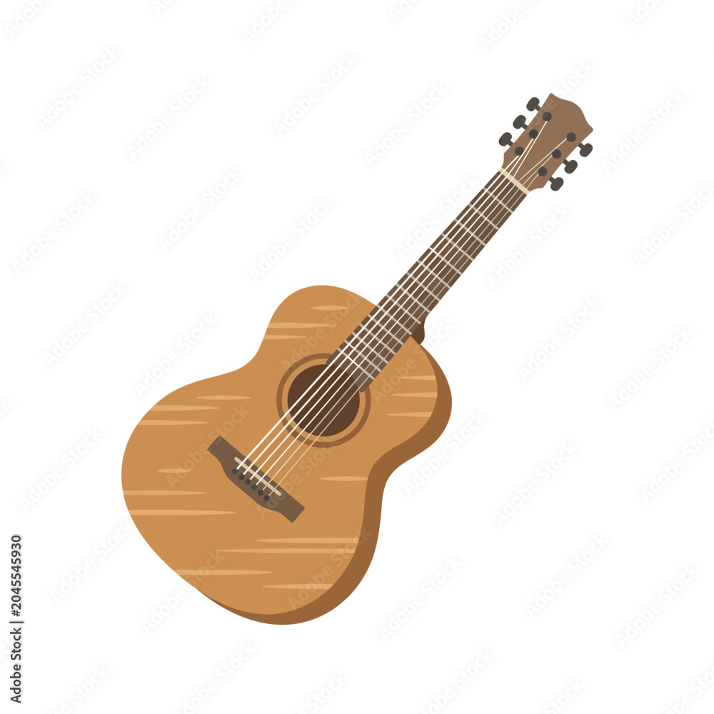Obraz premium Acoustic wooden guitar flat vector illustration.