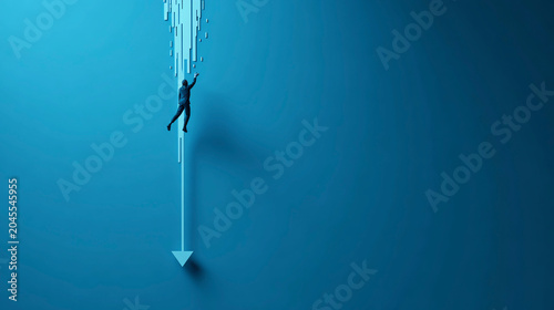 man hanging on falling arrow, minimalist blue 3D 