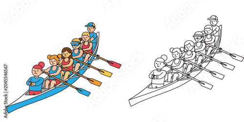 Tableau sur toile Rowing Team Athletes Rowing Boat Together Illustration Set with Colored and Blac