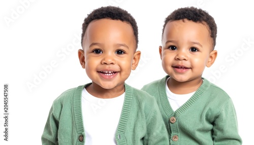 Twin toddler boys smile in matching green cardigans on a white backdrop
