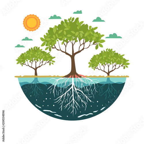 Illustration of tree roots system and trees under sun