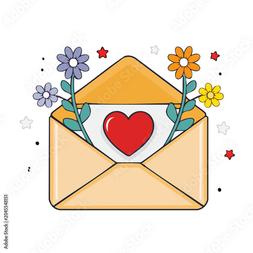 Open envelope with red heart and blooming flowers
