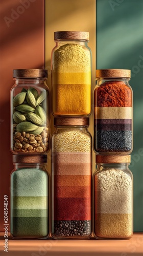 Many different types of spices in glass jars food background