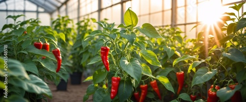 Red bell peppers growing inside a greenhouse