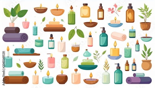 A luxurious wellness lifestyle vector set featuring candles, essential oils, and yoga accessories for relaxation.