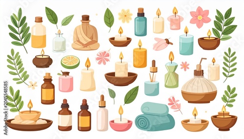 Luxury wellness lifestyle vector set featuring candles, essential oils, and yoga accessories for relaxation indoors