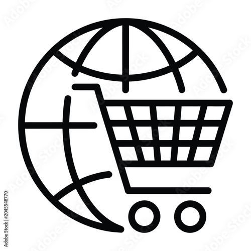 Global Online Shopping Cart Icon Vector - E Commerce Website Marketplace and Internet Shopping Line Symbol