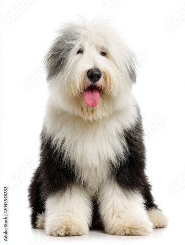 Shaggy Old English Sheepdog Sitting White Background Tongue Out Playful Expression Studio Portrait