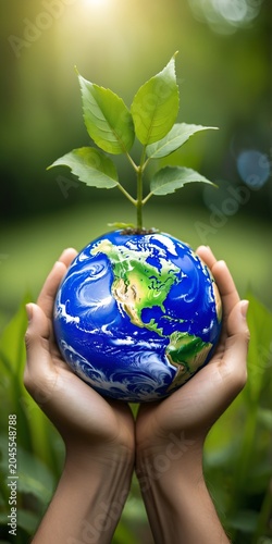 Hands holding a globe with a plant sprouting on top. Generative AI
